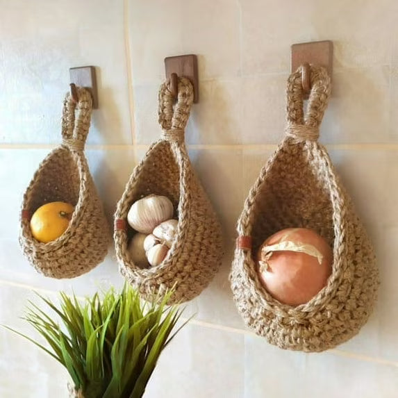 Kitchen Hanging Storage Basket – Jute Wall Organizer for Fruit & Vegetables