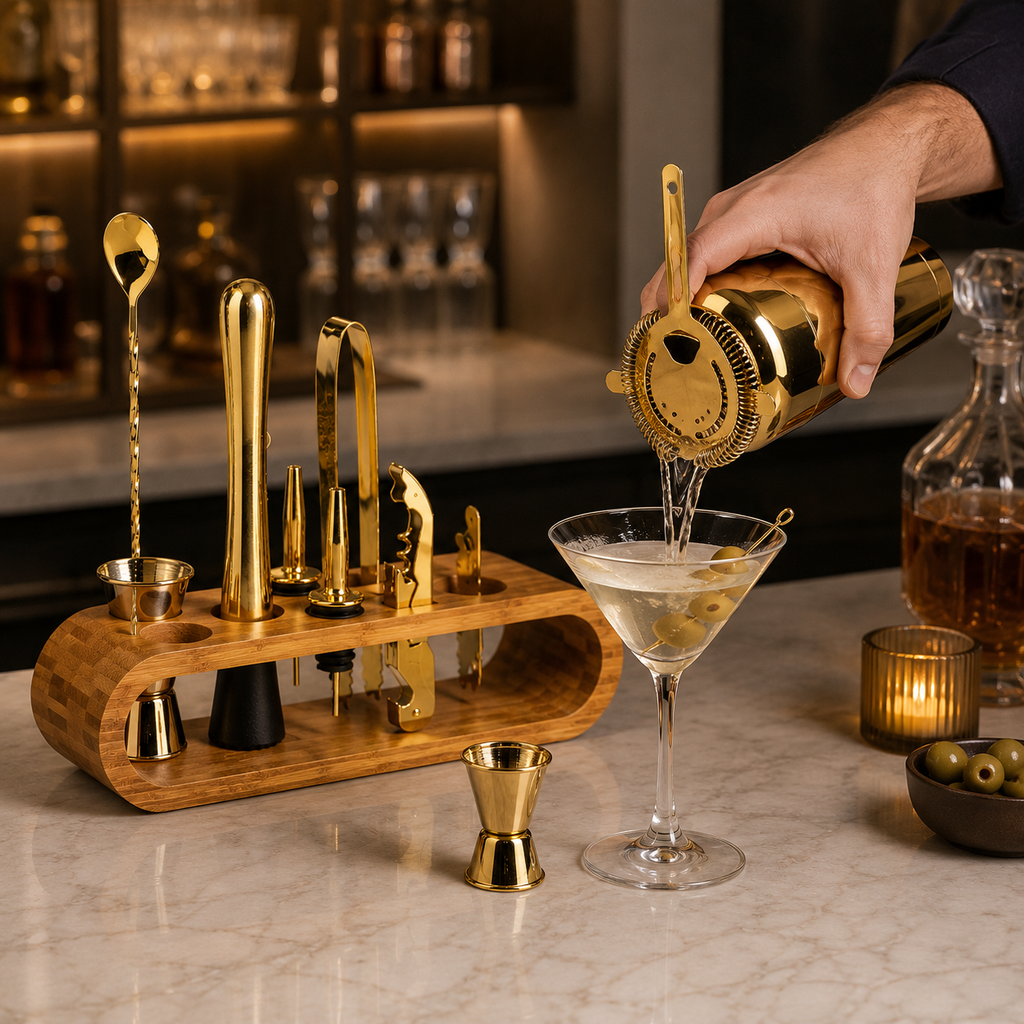 Cocktail Shaker Set – 10-Piece Bar Tools with Bamboo Stand