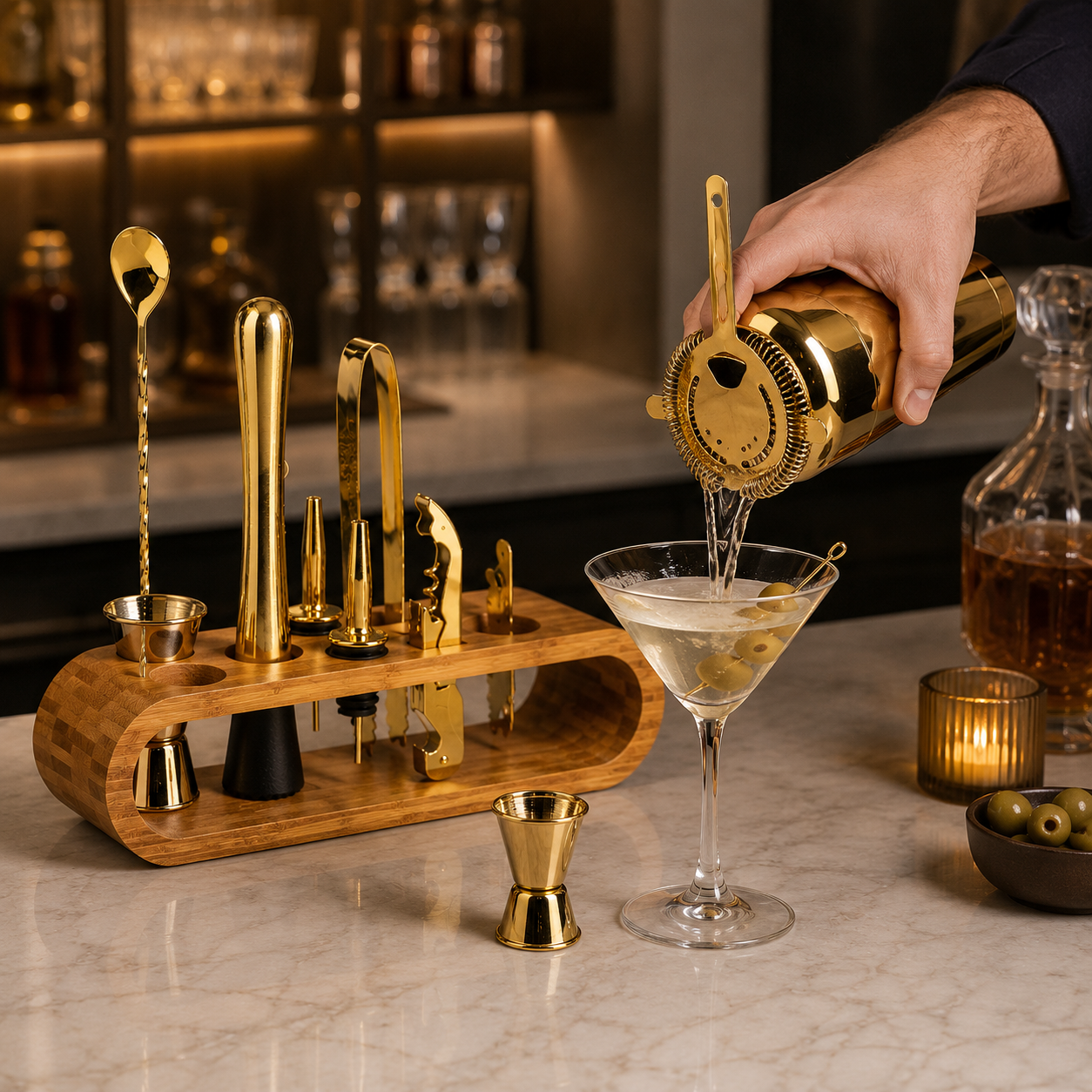 Cocktail Shaker Set – 10-Piece Bar Tools with Bamboo Stand