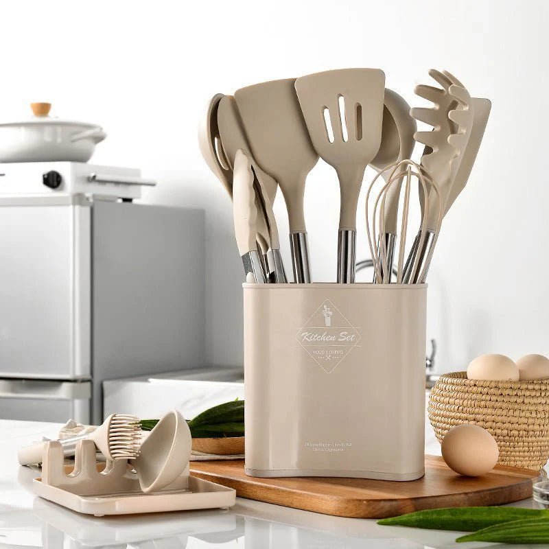 13-Piece Silicone Cooking Utensil Set with Storage Bucket – Heat Resistant Kitchen Tools in Beige 0