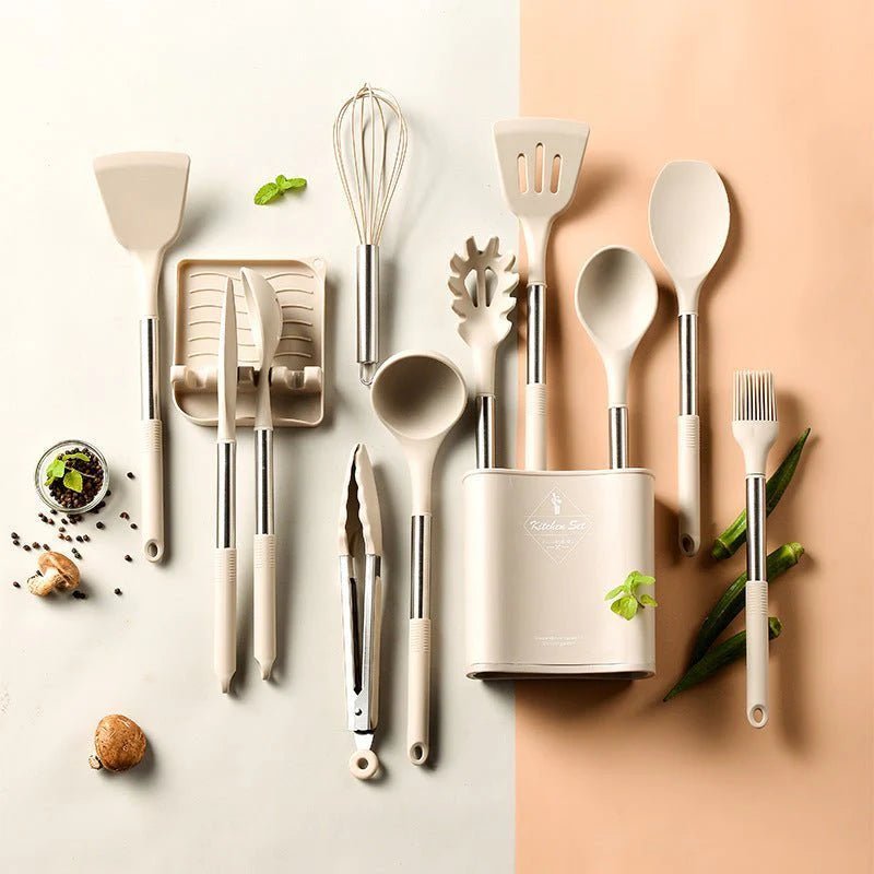 13-Piece Silicone Cooking Utensil Set with Storage Bucket – Heat Resistant Kitchen Tools in Beige 1
