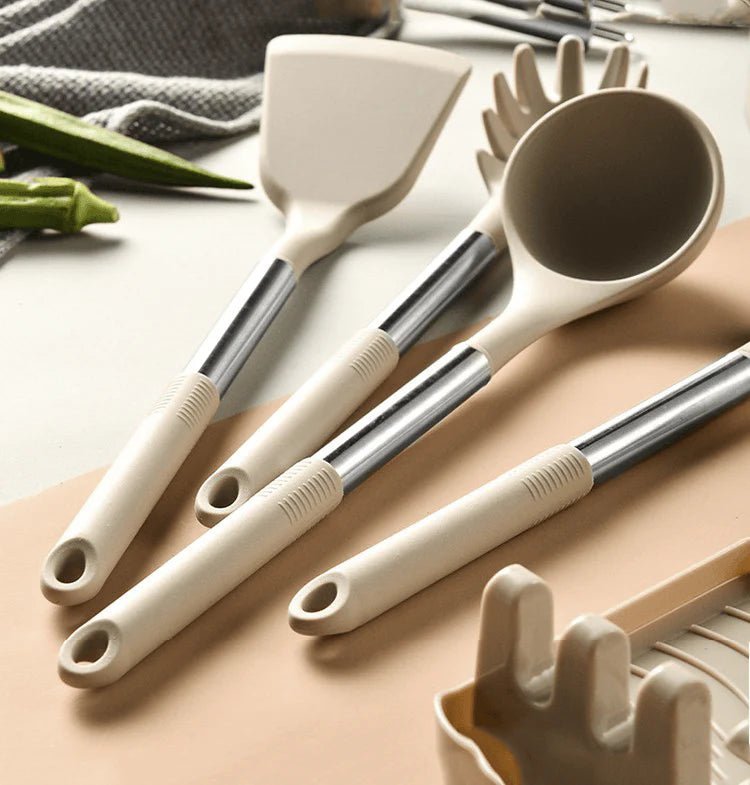 13-Piece Silicone Cooking Utensil Set with Storage Bucket – Heat Resistant Kitchen Tools in Beige 2