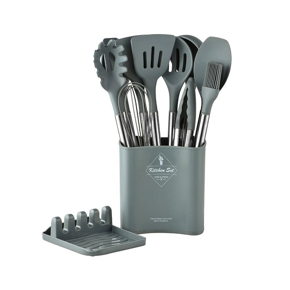 13-Piece Silicone Cooking Utensil Set with Storage Bucket – Heat Resistant Kitchen Tools in Beige 3