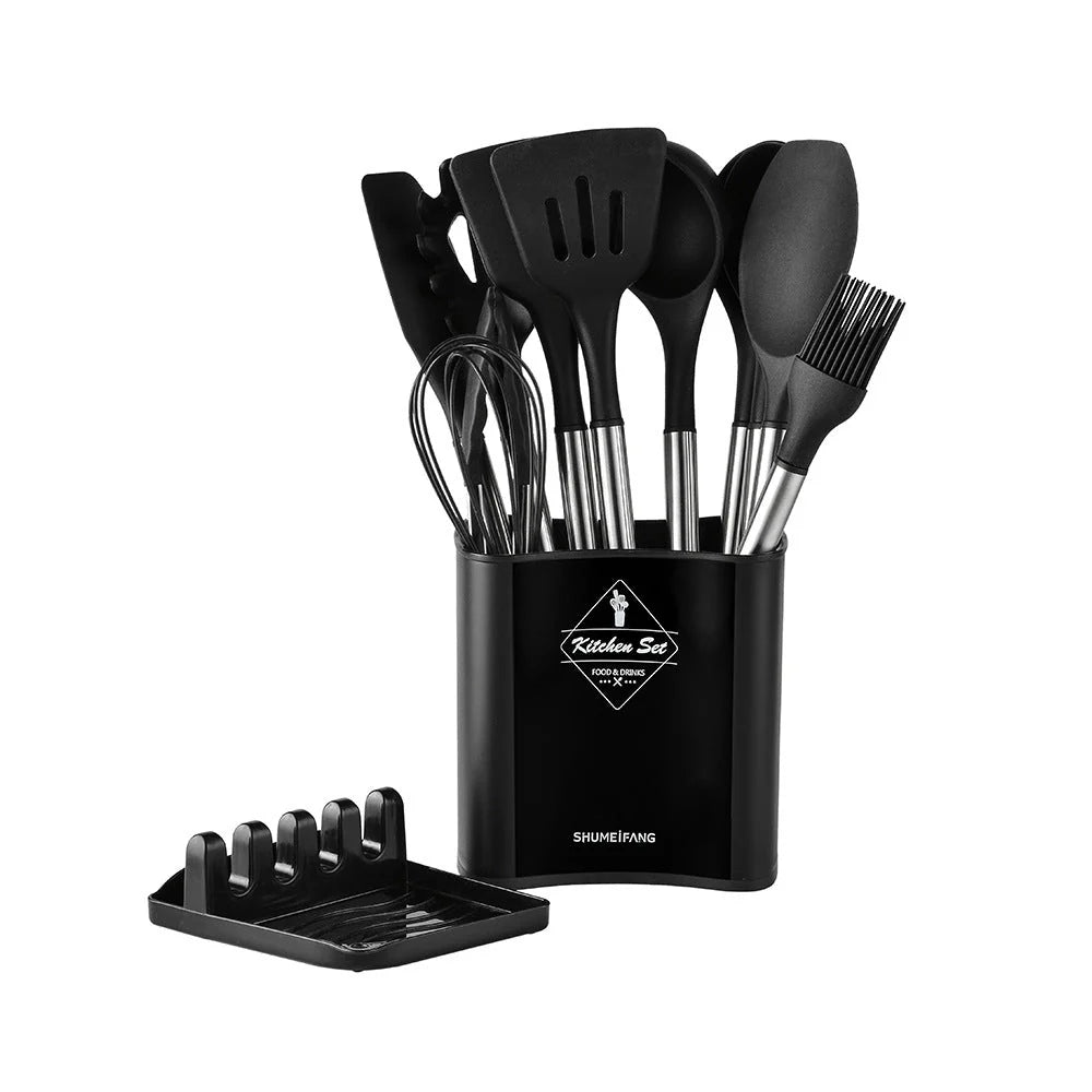 13-Piece Silicone Cooking Utensil Set with Storage Bucket – Heat Resistant Kitchen Tools in Beige 5