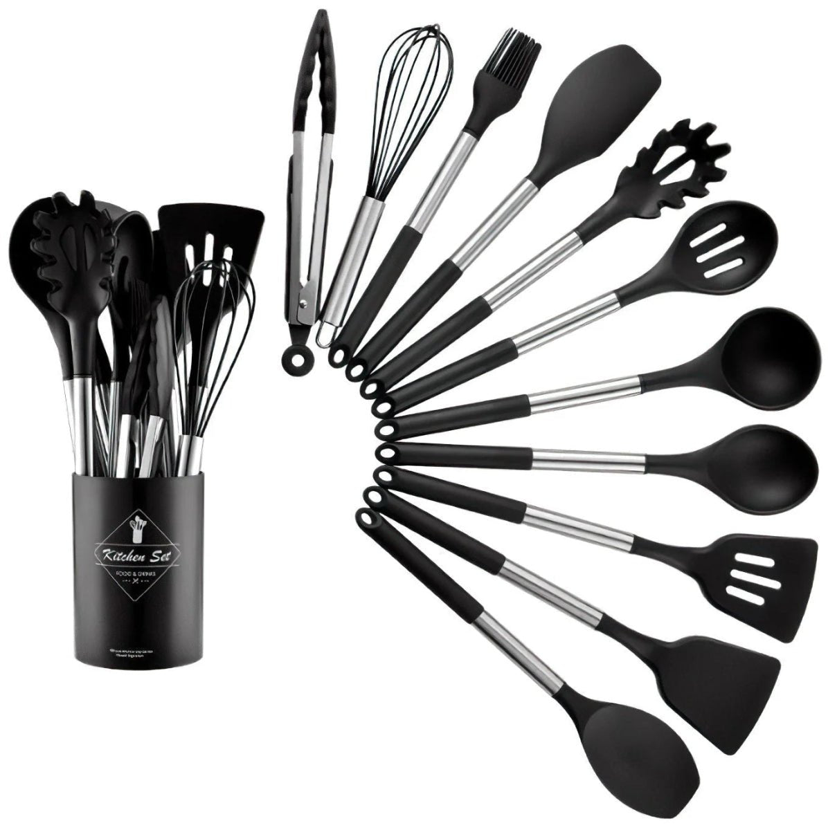 13-Piece Silicone Cooking Utensil Set with Storage Bucket – Heat Resistant Kitchen Tools in Beige 6