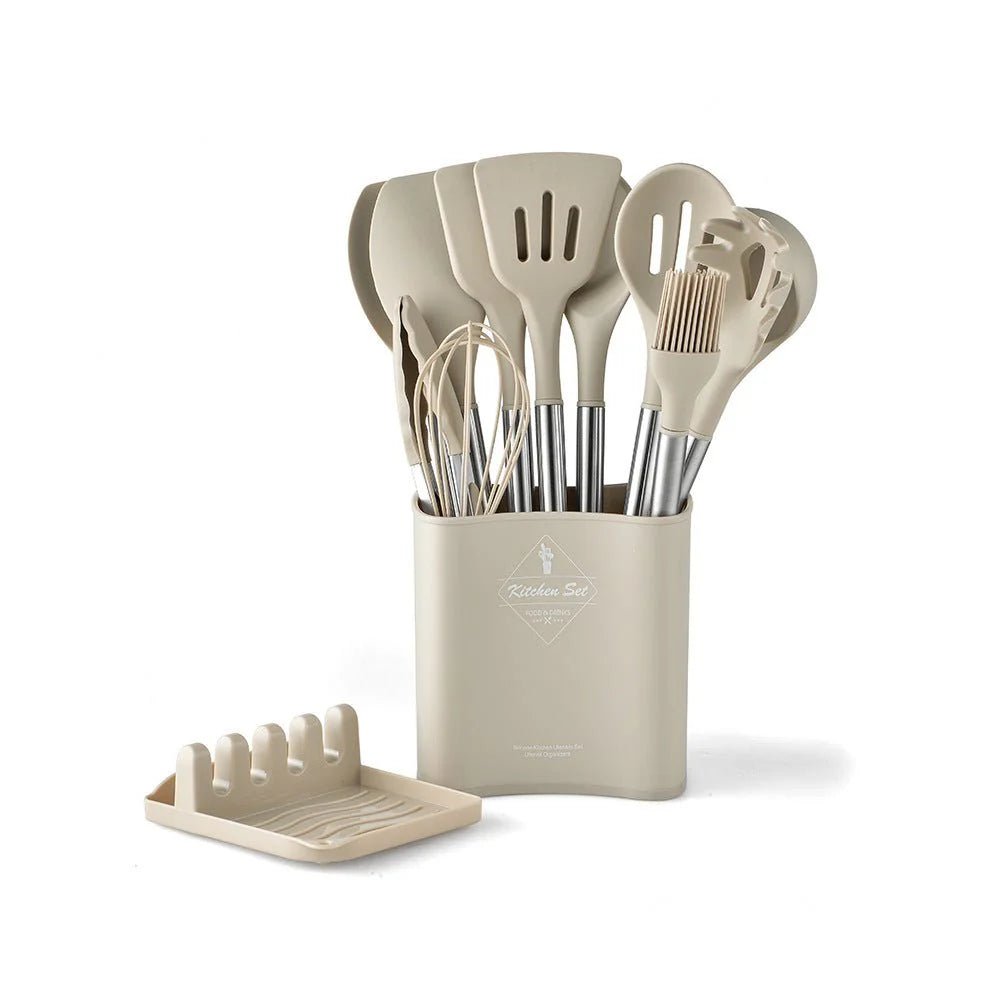13-Piece Silicone Cooking Utensil Set with Storage Bucket – Heat Resistant Kitchen Tools in Beige 7