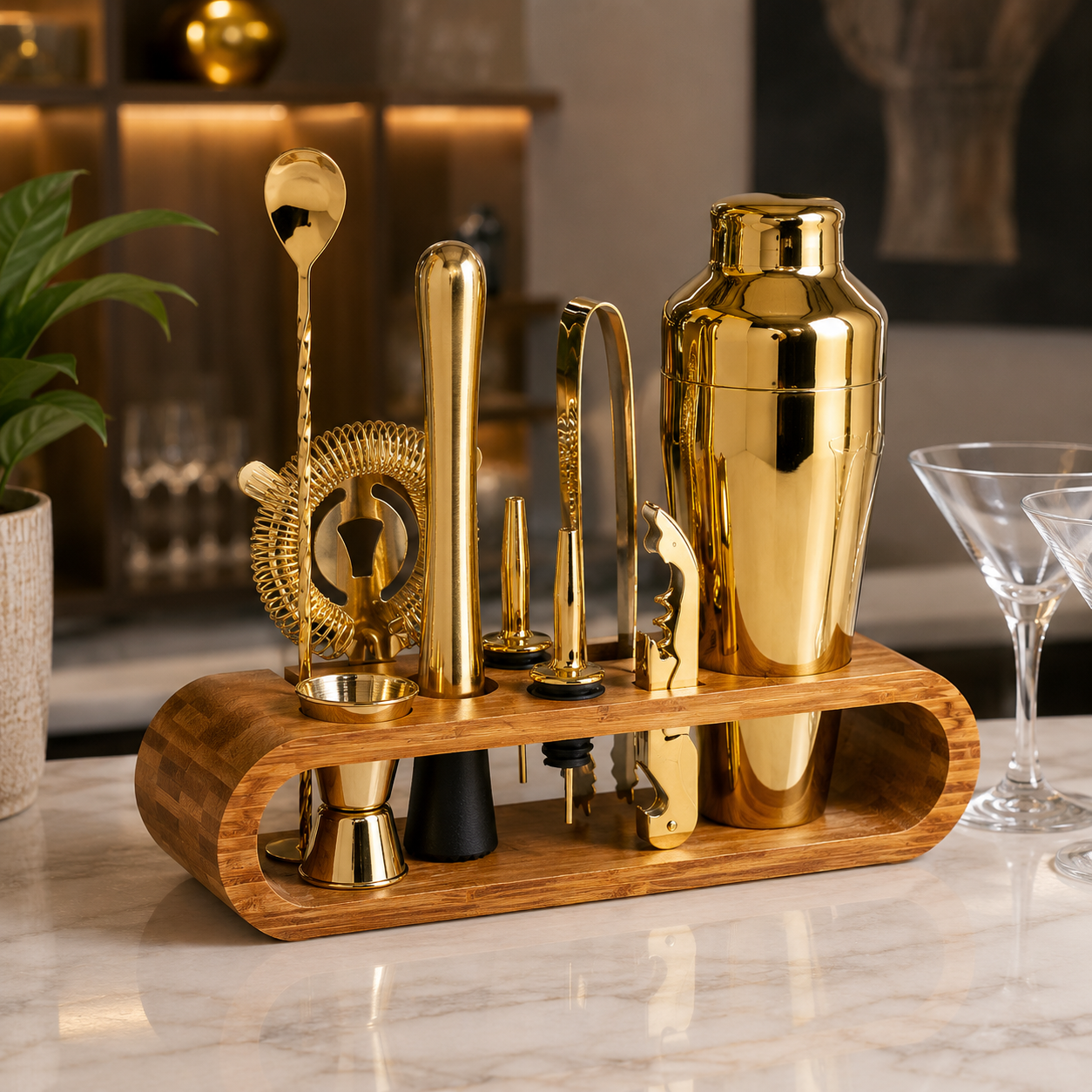 Cocktail Shaker Set – 10-Piece Bar Tools with Bamboo Stand
