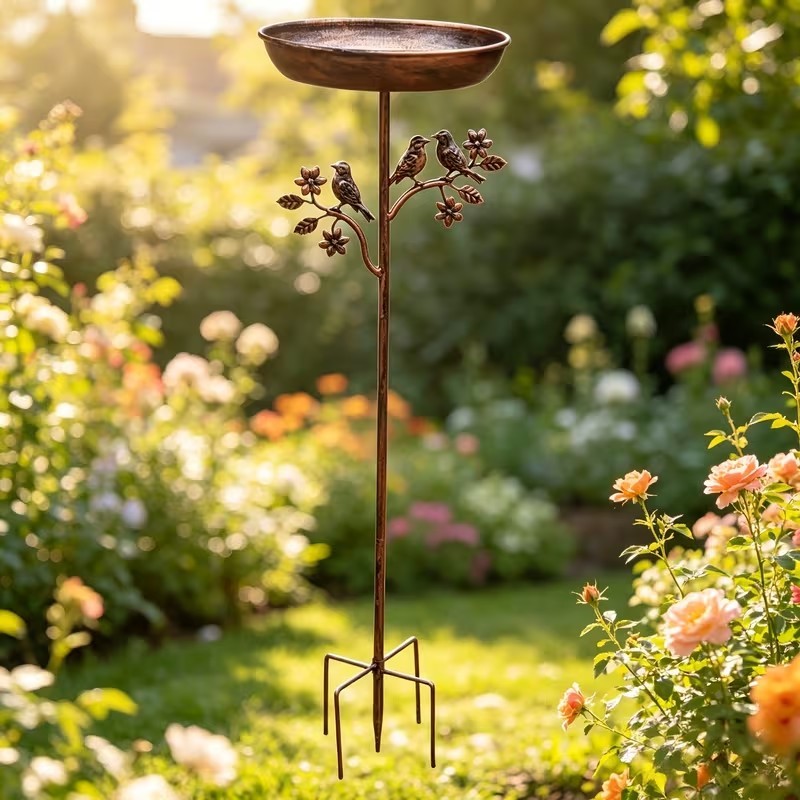 Bird Bath – Garden Metal Stake Bird Bath with Copper-Look Finish