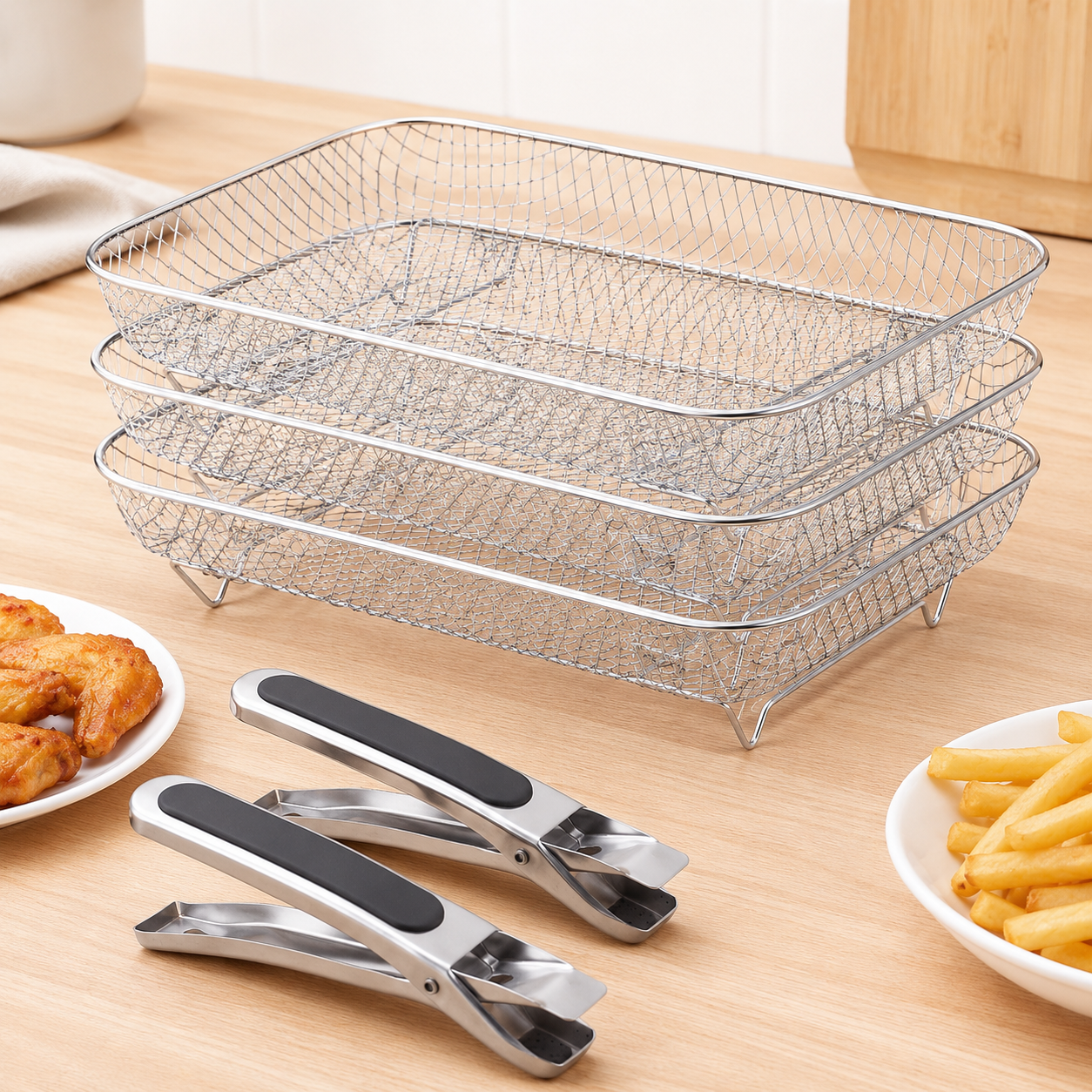 Air Fryer Basket – Stackable Stainless Steel, 3 Pieces, with Anti-Scald Clip