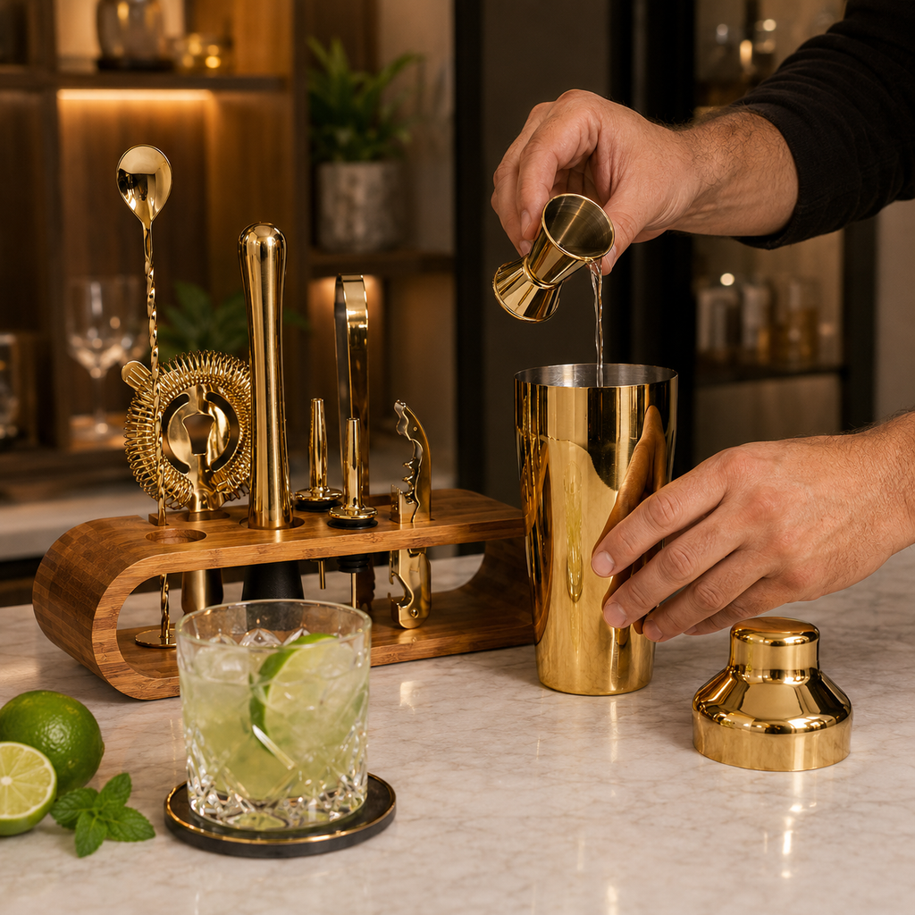 Cocktail Shaker Set – 10-Piece Bar Tools with Bamboo Stand