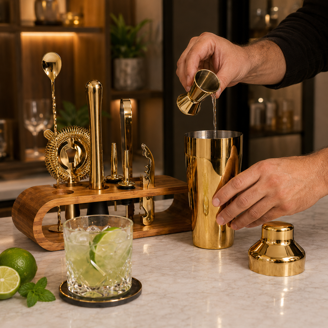 Cocktail Shaker Set – 10-Piece Bar Tools with Bamboo Stand