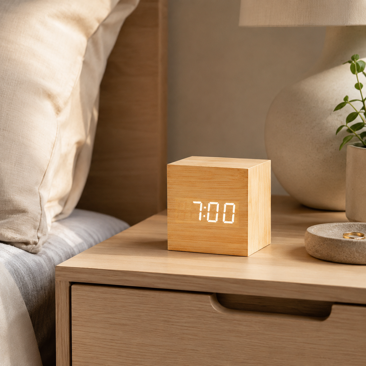 Alarm Clock – Digital Clock with Wood-Grain LED Display