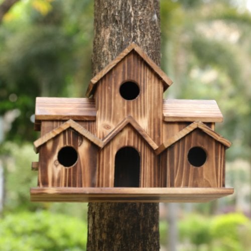 Rustic wooden nest box hanging outdoors on a tree
