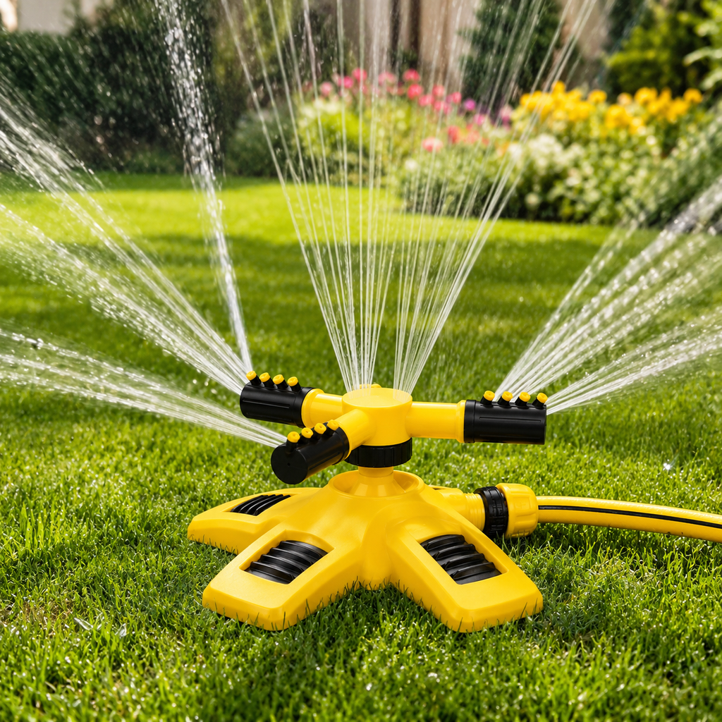 Triple Nozzle Lawn Water Sprinkler – 360° Rotating Garden Sprinkler