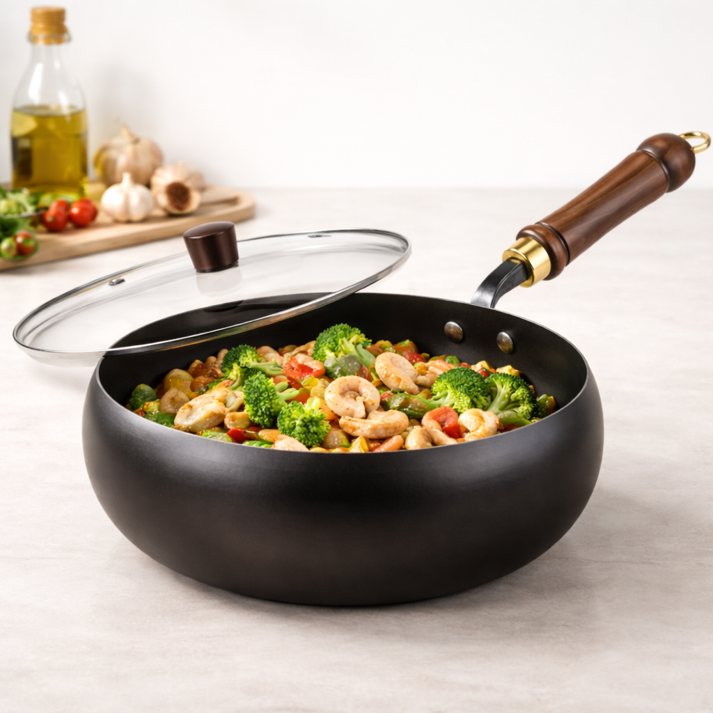 Cast Iron Wok Pan with Lid – Wooden Handle Stir-Fry Pan