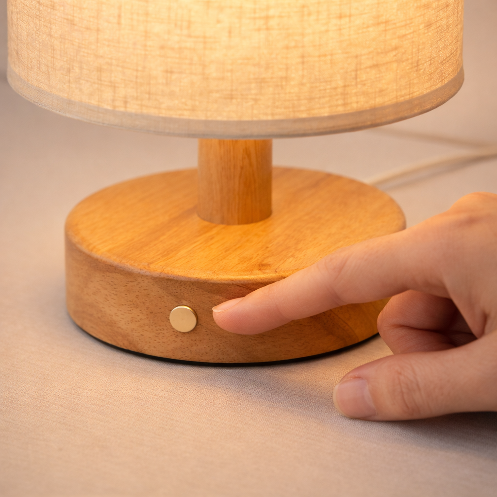 Wooden Table Lamp with Linen Shade – Bedside Lamp for Nightstand