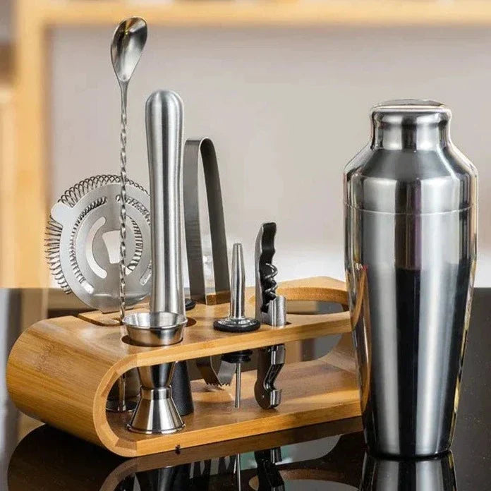 Cocktail Shaker Set – Stainless Steel with Bamboo Stand and Essential Bar Tools 0