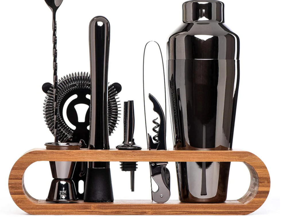 Cocktail Shaker Set – Stainless Steel with Bamboo Stand and Essential Bar Tools 5