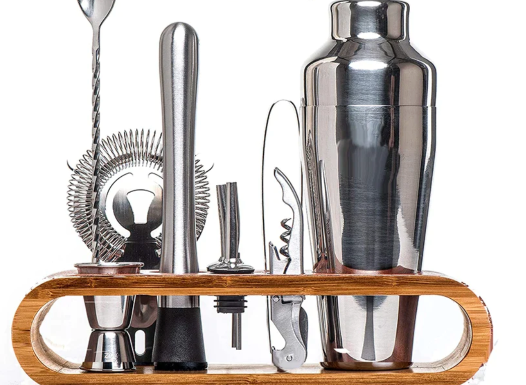 Cocktail Shaker Set – Stainless Steel with Bamboo Stand and Essential Bar Tools 6