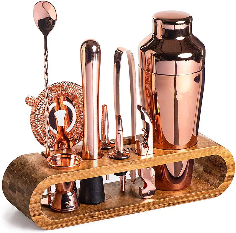 Cocktail Shaker Set – Stainless Steel with Bamboo Stand and Essential Bar Tools 7