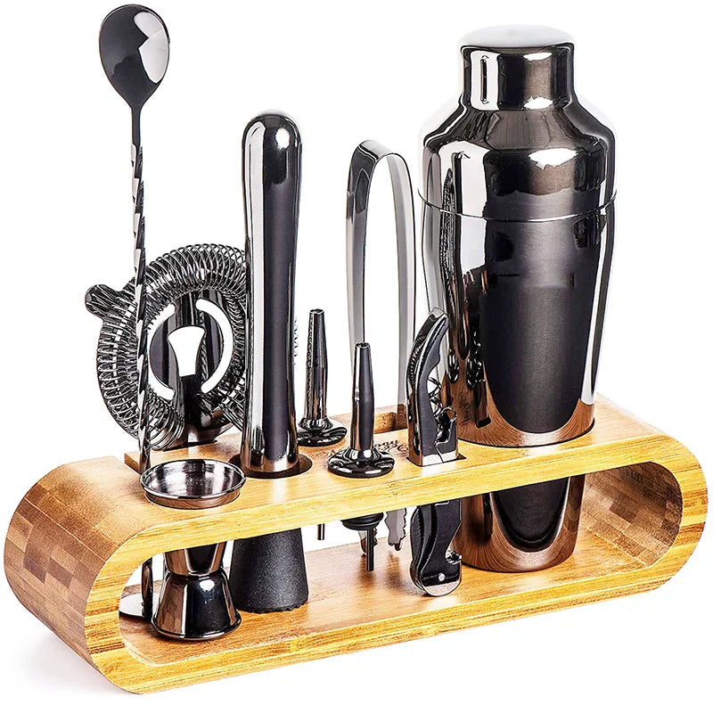 Cocktail Shaker Set – Stainless Steel with Bamboo Stand and Essential Bar Tools 9