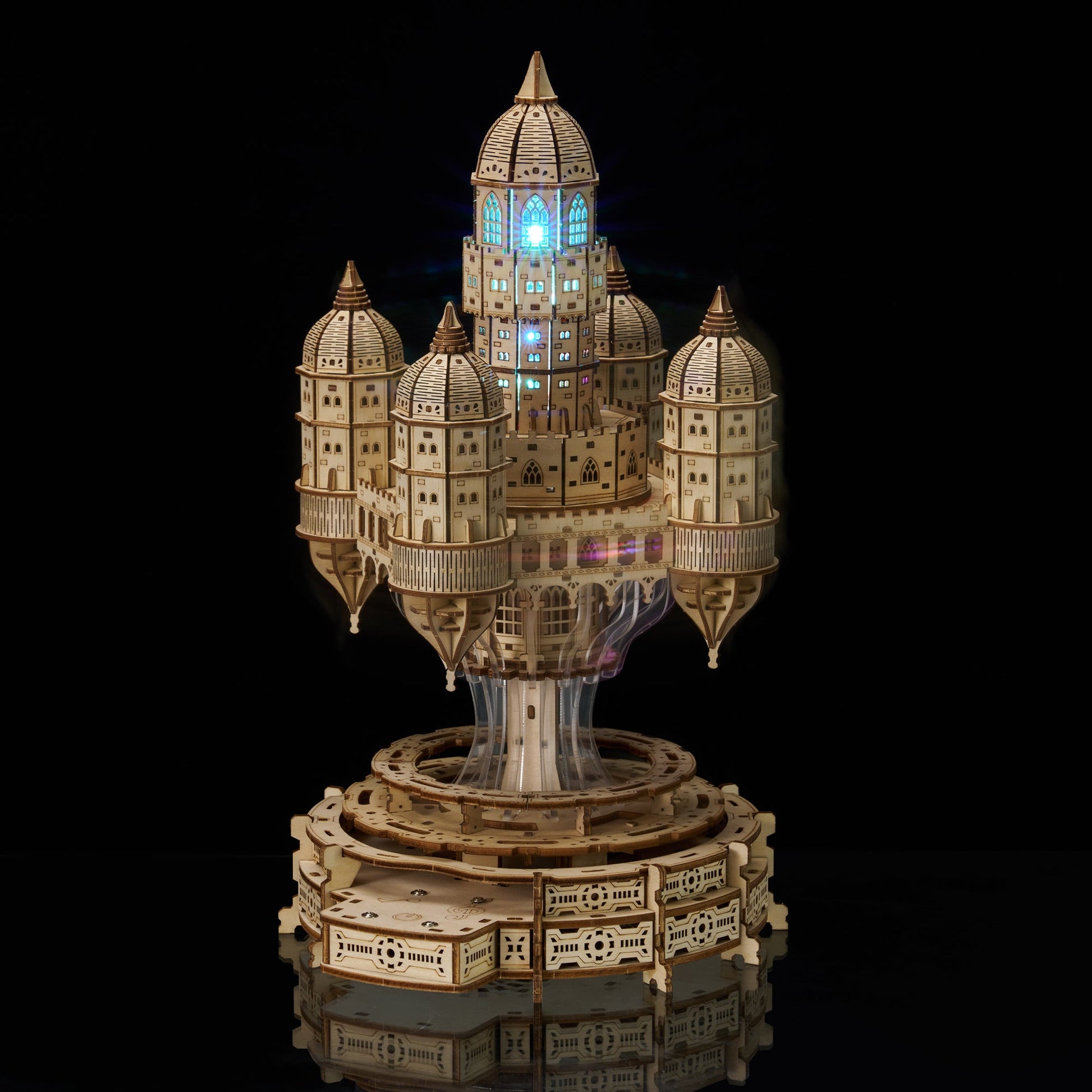 Rotating Castle Music Box — 3D Wooden Puzzle with LED & Melody, Touch Control (521 pcs)