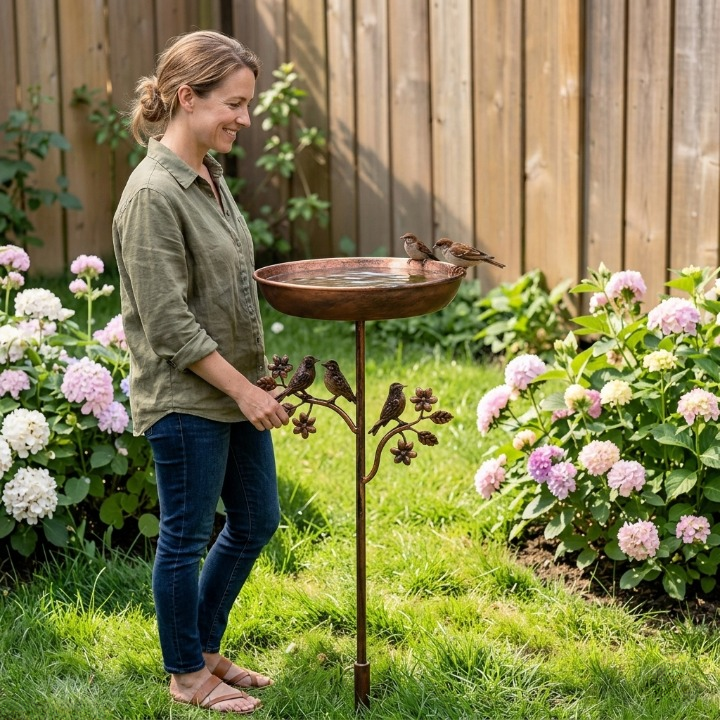 Bird Bath – Garden Metal Stake Bird Bath with Copper-Look Finish