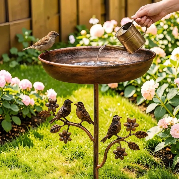 Bird Bath – Garden Metal Stake Bird Bath with Copper-Look Finish