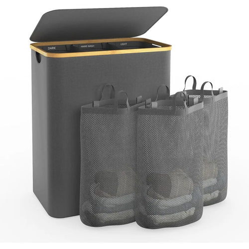 3-Section Laundry Basket (140L) with Lid & Removable Bags – Foldable Laundry Hamper, Clothes Organizer