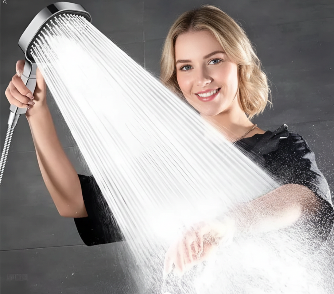High Pressure Shower Head featuring Turbo Boost Technology and a built-in filtration system for enhanced water flow and purity. 1