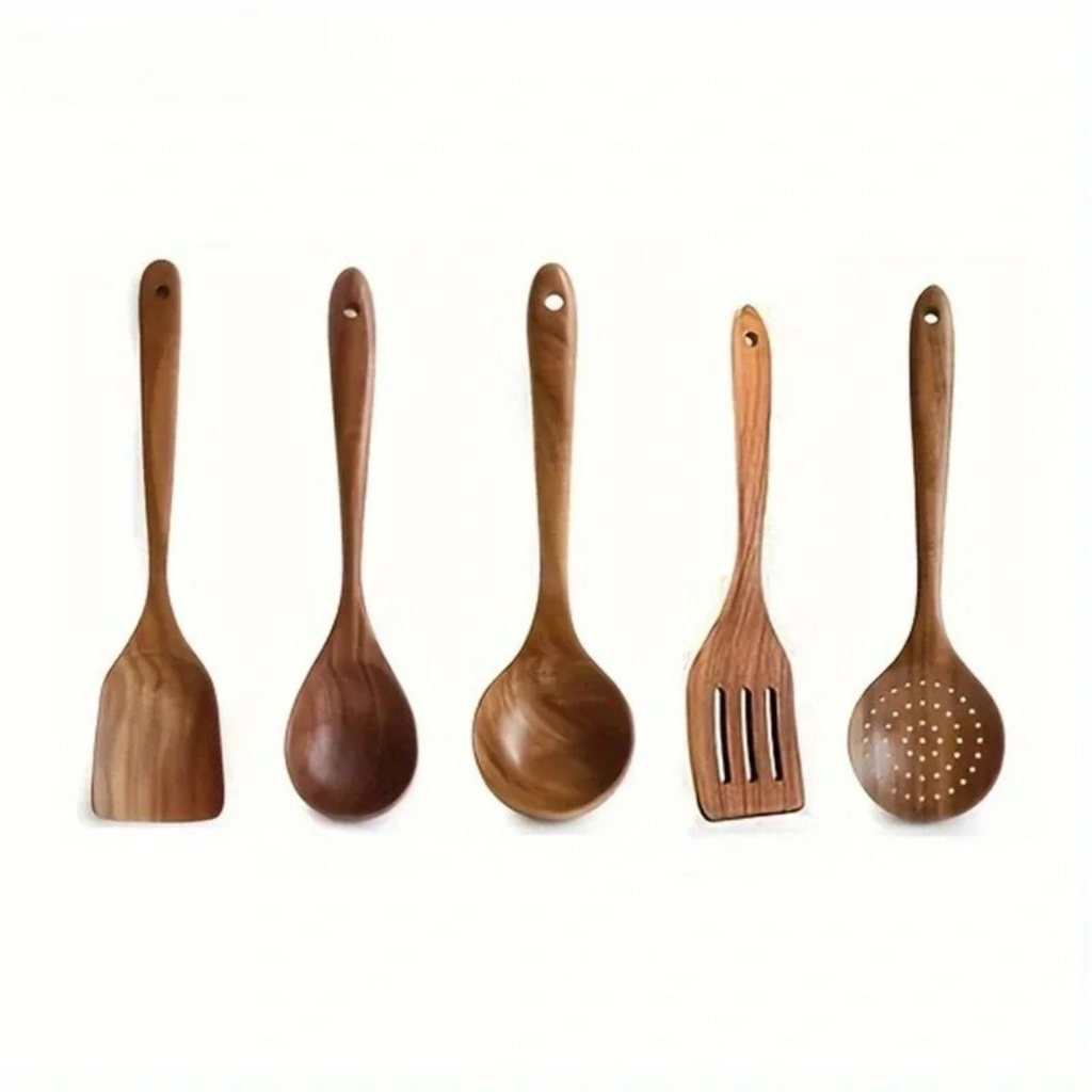 5-piece walnut kitchenware set featuring rustic design tools for cooking and serving, including a spatula, spoon, tongs, and more. 1