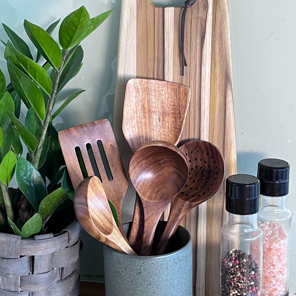5-piece walnut kitchenware set featuring rustic design tools for cooking and serving, including a spatula, spoon, tongs, and more. 2