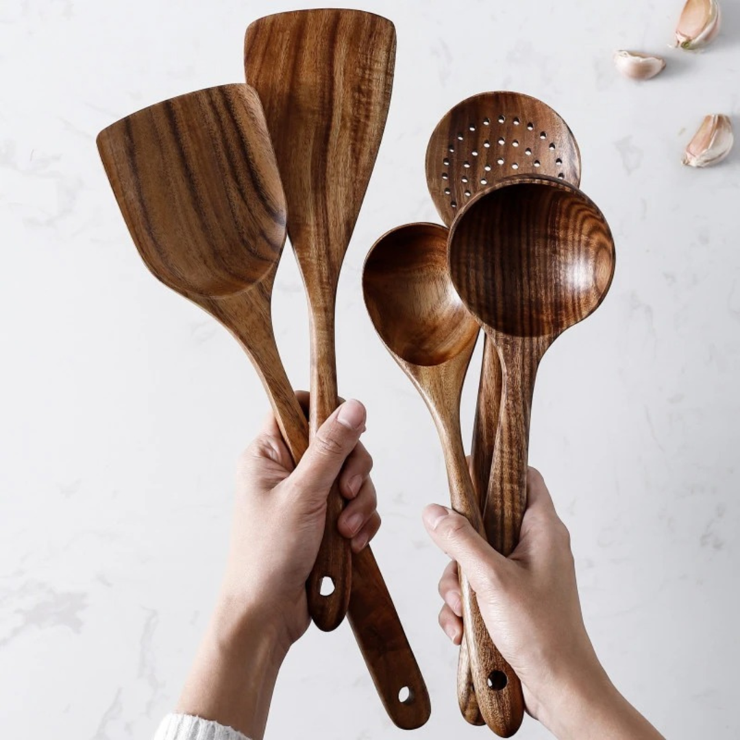 5-piece walnut kitchenware set featuring rustic design tools for cooking and serving, including a spatula, spoon, tongs, and more. 6