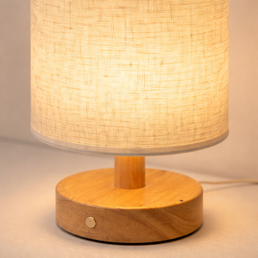 Wooden Table Lamp with Linen Shade – Bedside Lamp for Nightstand