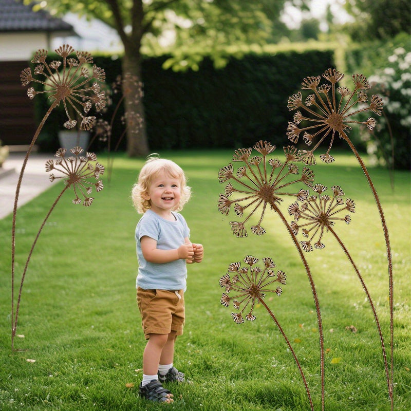 Rustic Metal Dandelion Garden Ornaments – 3-Piece Set for Outdoor Decoration, 59 in Height 0