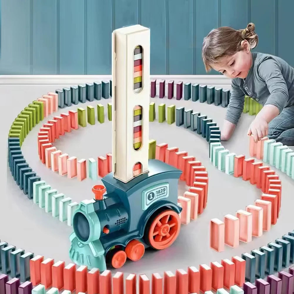 Automatic Domino Train – Light & Sound, 60 Domino Blocks, Self-Laying STEM Toy