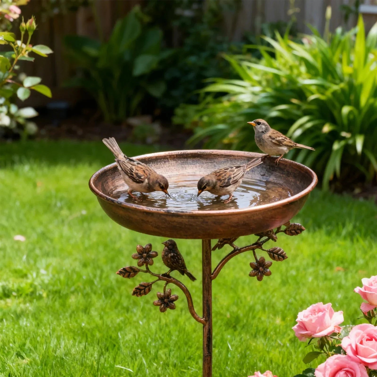 Bird Bath – Garden Metal Stake Bird Bath with Copper-Look Finish