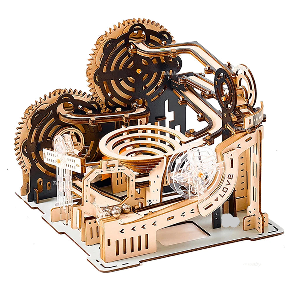 Motorized Wooden Marble Run 3D Puzzle — Electric Catapult Track | Kinetic Desk Sculpture