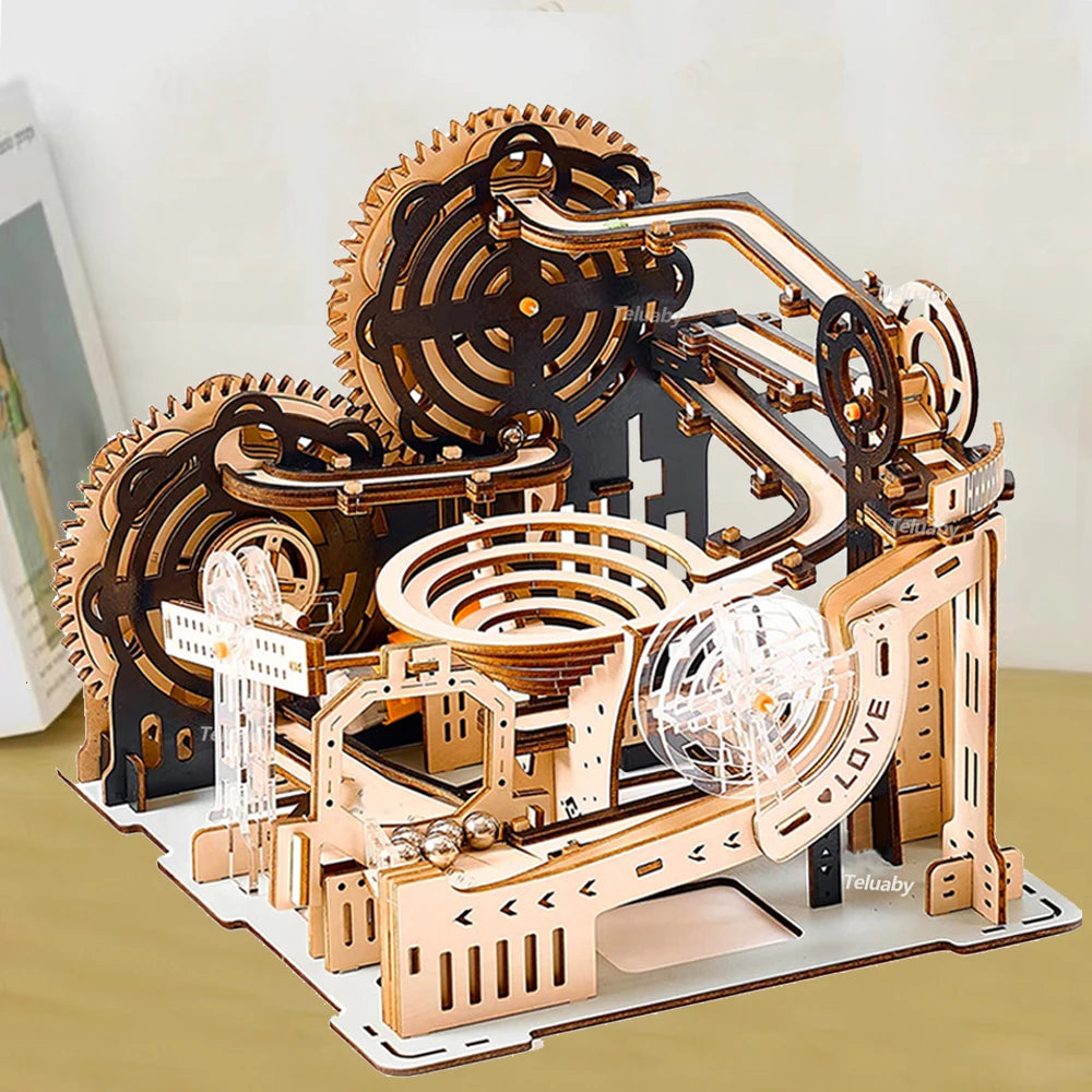 Motorized Wooden Marble Run 3D Puzzle — Electric Catapult Track | Kinetic Desk Sculpture