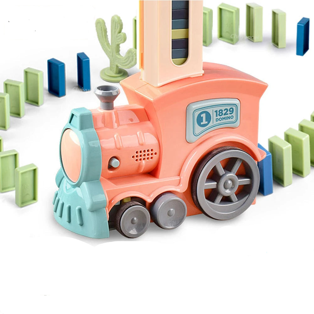Automatic Domino Train – Light & Sound, 60 Domino Blocks, Self-Laying STEM Toy