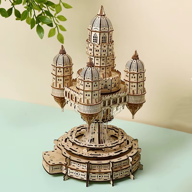Rotating Castle Music Box — 3D Wooden Puzzle with LED & Melody, Touch Control (521 pcs)