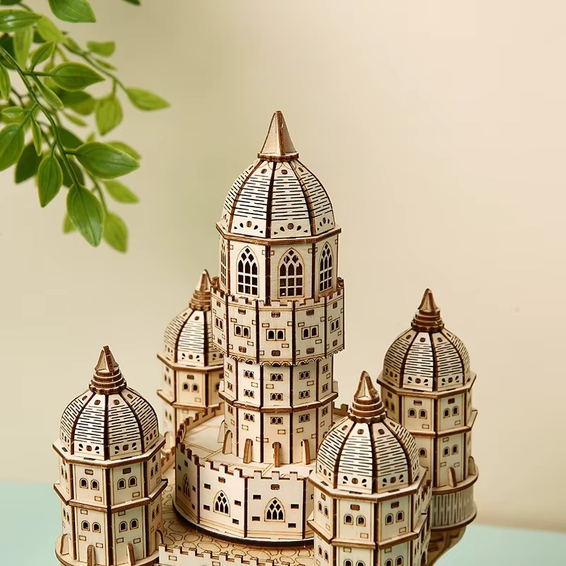 Rotating Castle Music Box — 3D Wooden Puzzle with LED & Melody, Touch Control (521 pcs)