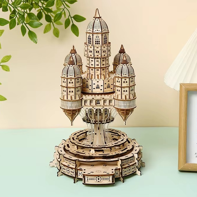 Rotating Castle Music Box — 3D Wooden Puzzle with LED & Melody, Touch Control (521 pcs)