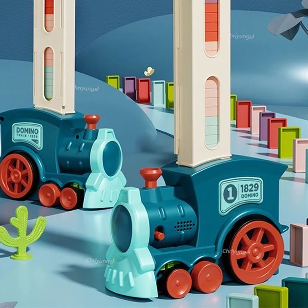 Automatic Domino Train – Light & Sound, 60 Domino Blocks, Self-Laying STEM Toy