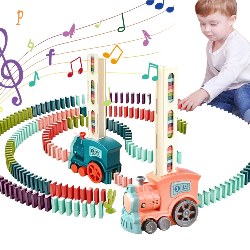 Automatic Domino Train – Light & Sound, 60 Domino Blocks, Self-Laying STEM Toy