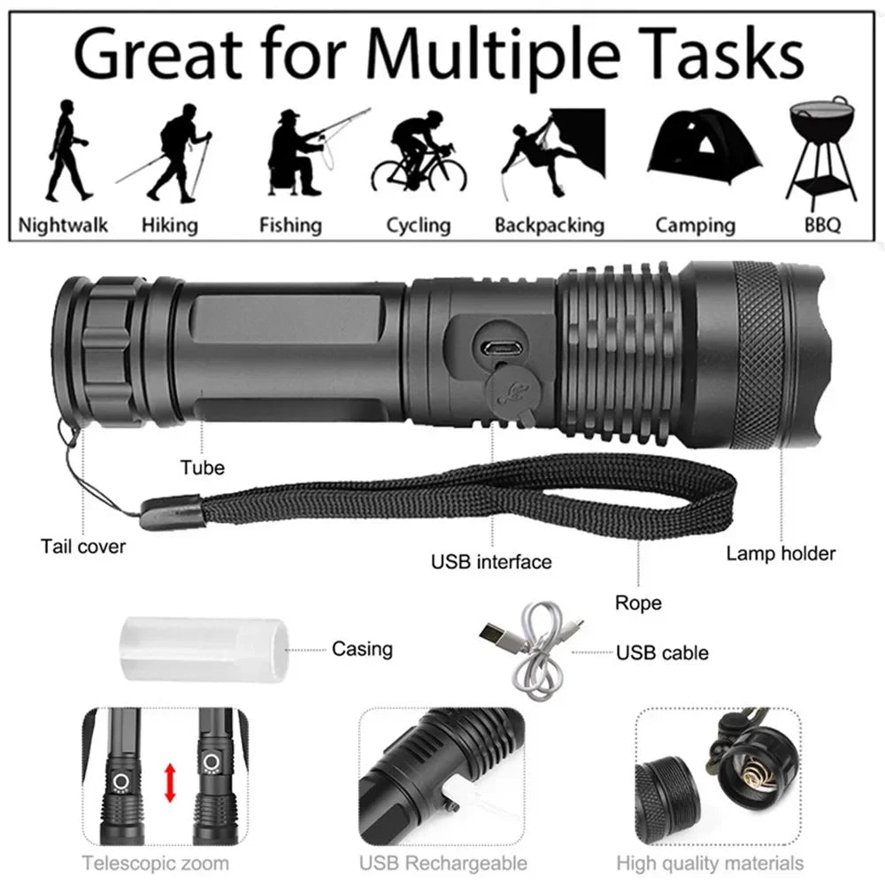 Rechargeable Flashlight – XHP70.2 Tactical Zoom LED Torch