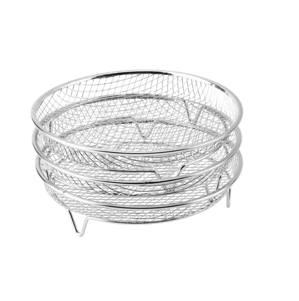 Air Fryer Basket – Stackable Stainless Steel, 3 Pieces, with Anti-Scald Clip