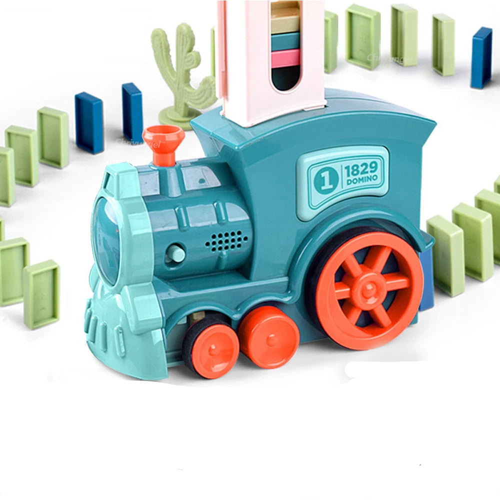 Automatic Domino Train – Light & Sound, 60 Domino Blocks, Self-Laying STEM Toy