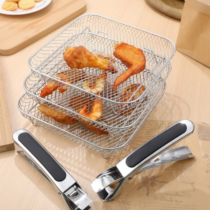 Stackable Air Fryer Basket – Food-Grade Stainless Steel, 3 Shapes, Universal Fit 0