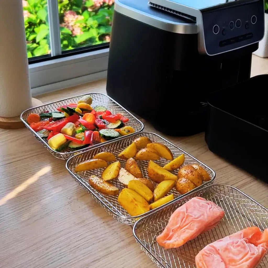 Stackable Air Fryer Basket – Food-Grade Stainless Steel, 3 Shapes, Universal Fit 2